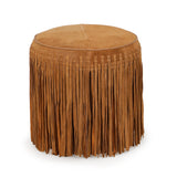 Daphne Round Suede Fringe Accent Ottoman showing textured fringe detailing
