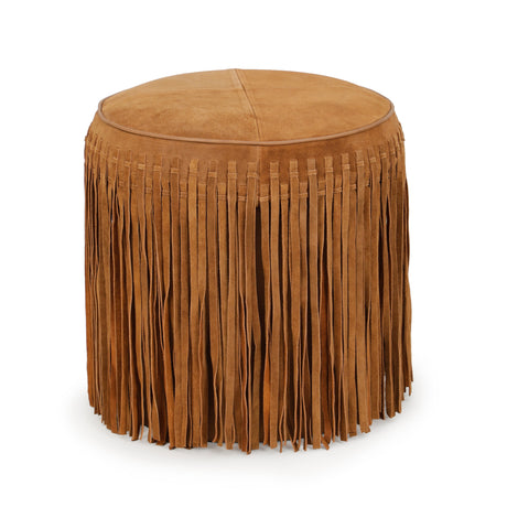 Daphne Round Suede Fringe Accent Ottoman in Cognac front view