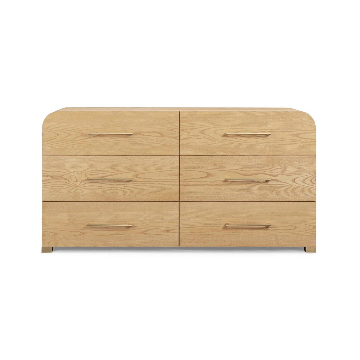 Front elevation of the Marissa 62 inch ash 6 drawer dresser showing seamless fronts