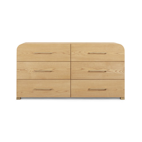 Front elevation of the Marissa 62 inch ash 6 drawer dresser showing seamless fronts