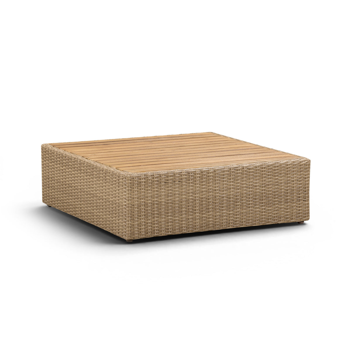 Detail of resilient grey upholstery on brown wicker Cali Ottoman base