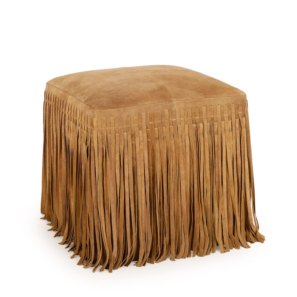 Studio white backdrop view of the fully assembled Daphne square fringe ottoman