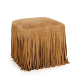 Studio white backdrop view of the fully assembled Daphne square fringe ottoman