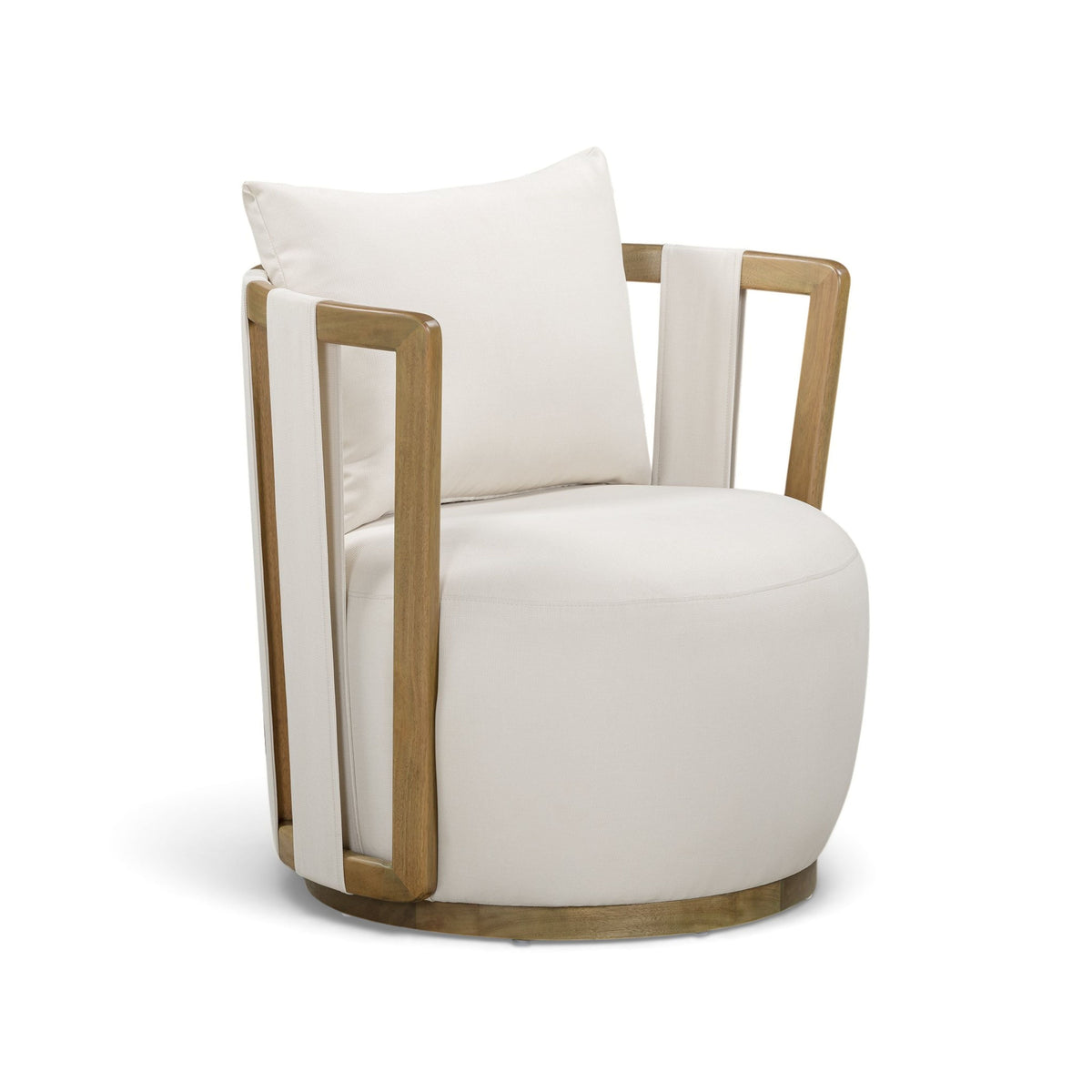 Solid eucalyptus wood barrel frame detail on Paolo outdoor chair