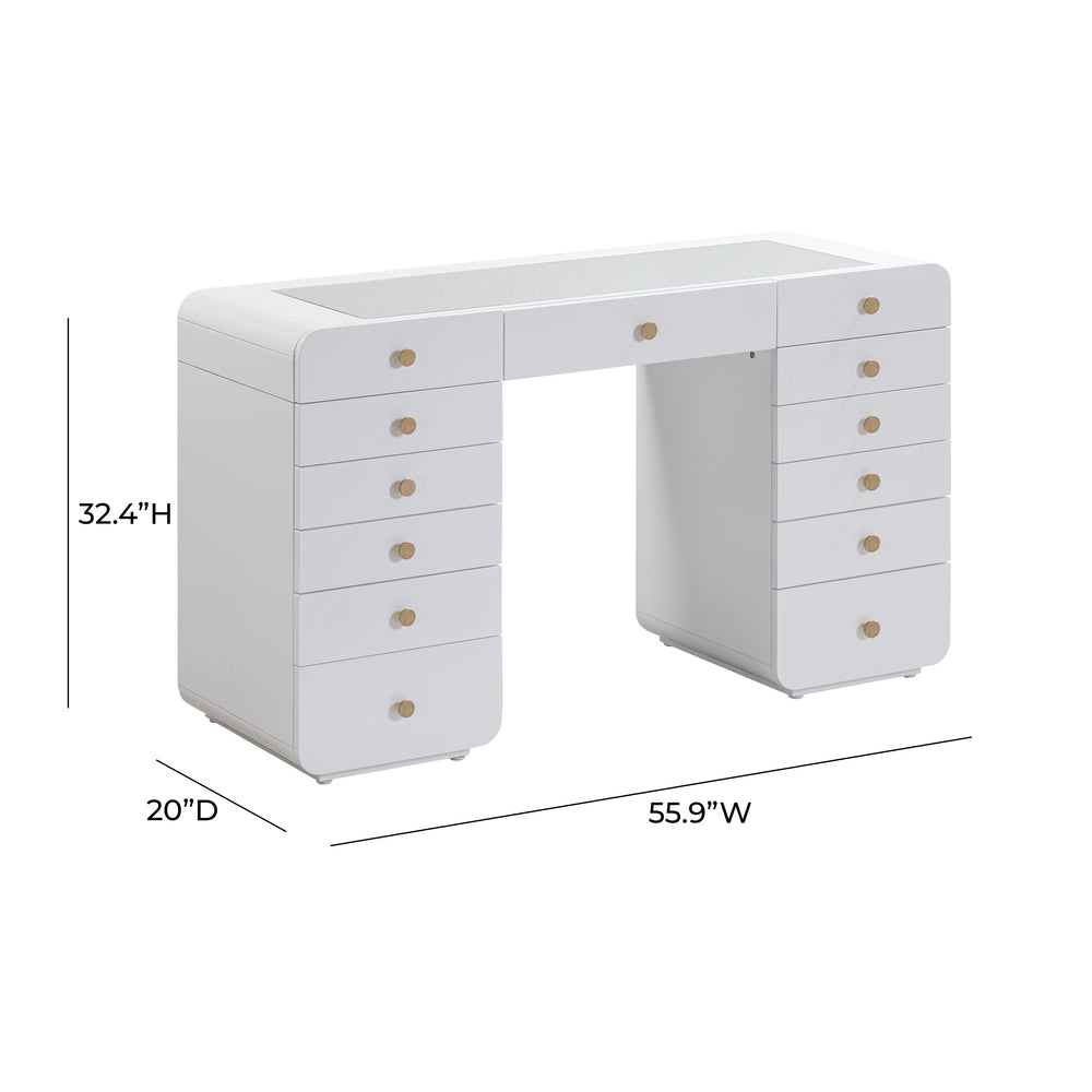 Hollywood 56" White 13-Drawer Vanity Desk dimensions