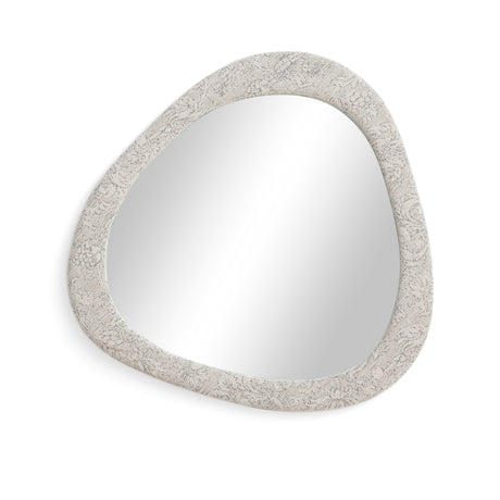 Klaryss Neutral Floral Jacquard Wall Mirror front view displaying organic shape and fabric frame