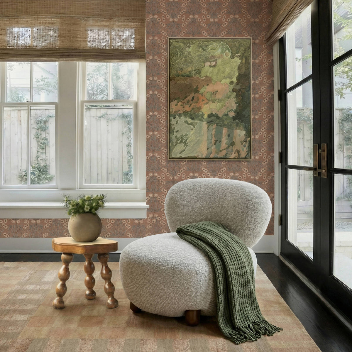 Front elevation of the Pucker Accent Chair in textured vegan shearling upholstery