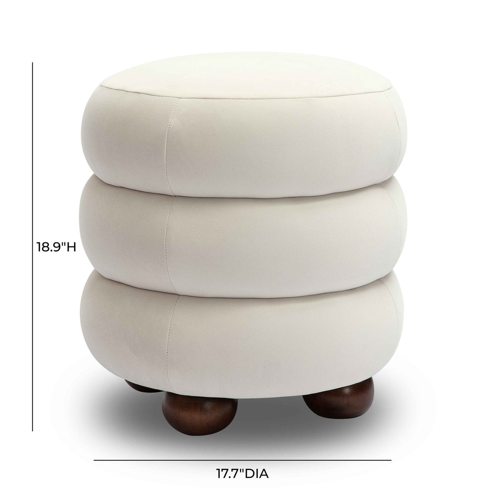 Stefanie Velvet Ottoman with Channeled Design & Orb Solid Wood Legs - Modern Glam Footstool dimensions