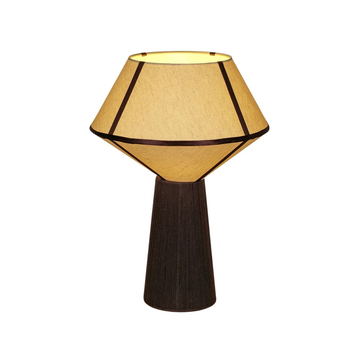 Side profile view of sculptural upward fabric table lamp in neutral interior