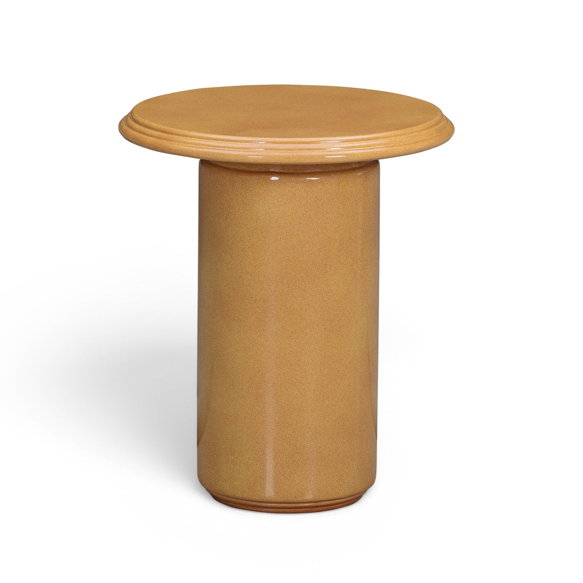 Front angled view of the Tate turmeric concrete side table showcasing warm faux wood finish