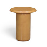 Front angled view of the Tate turmeric concrete side table showcasing warm faux wood finish