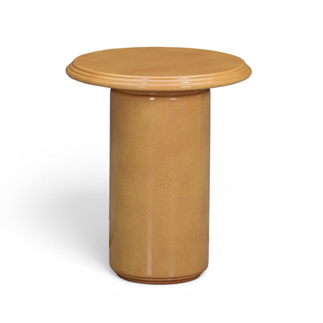 Tate Turmeric Concrete Indoor Outdoor Side Table with rounded tabletop on column pedestal base