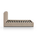 Detail of slat foundation system on Leah 48-inch upholstered platform bed