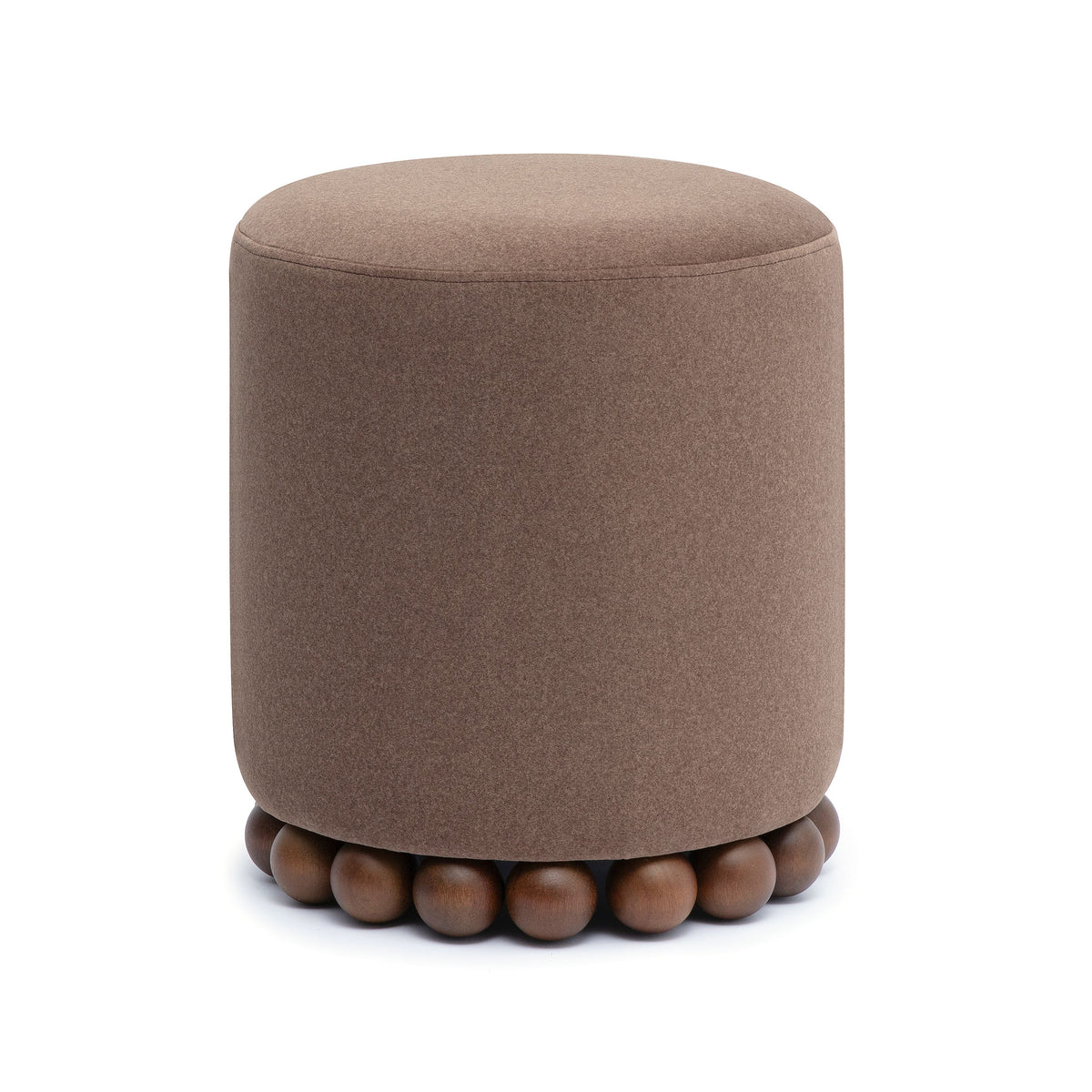 Detailed view of spherical turned wood leg on Dex ottoman