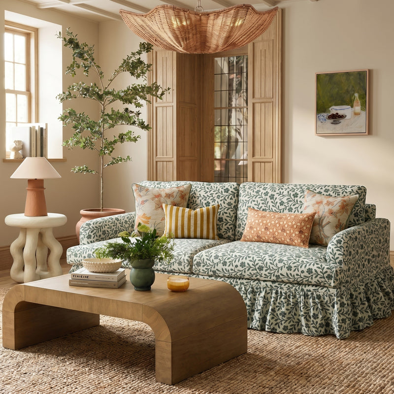 Gertrude 90" Skirted Sofa with Ruffled Hem & Padded Arms - Vintage-Inspired in Linen or Upcycled Fabric