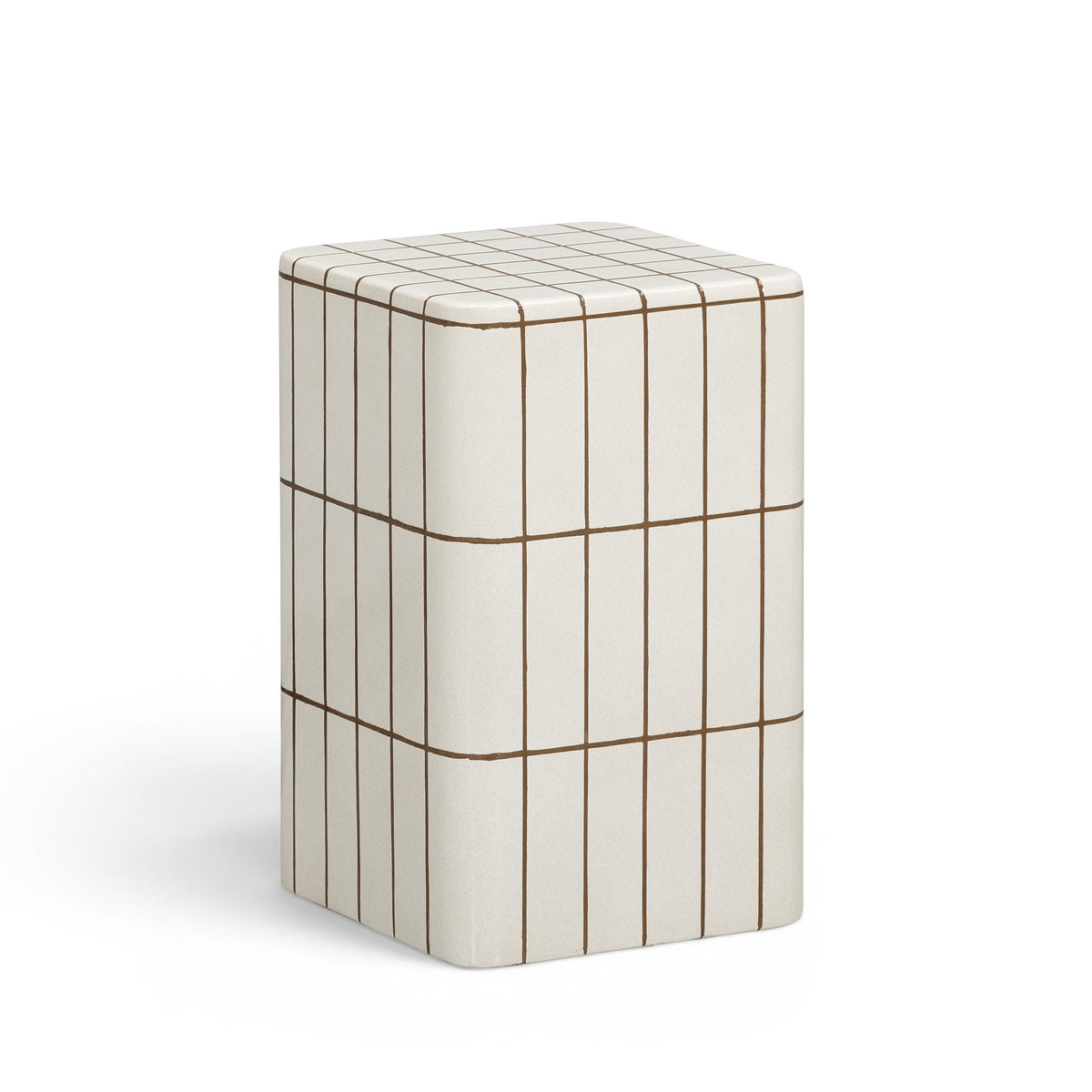 Close-up of ecru faux ceramic glazed surface on square concrete table