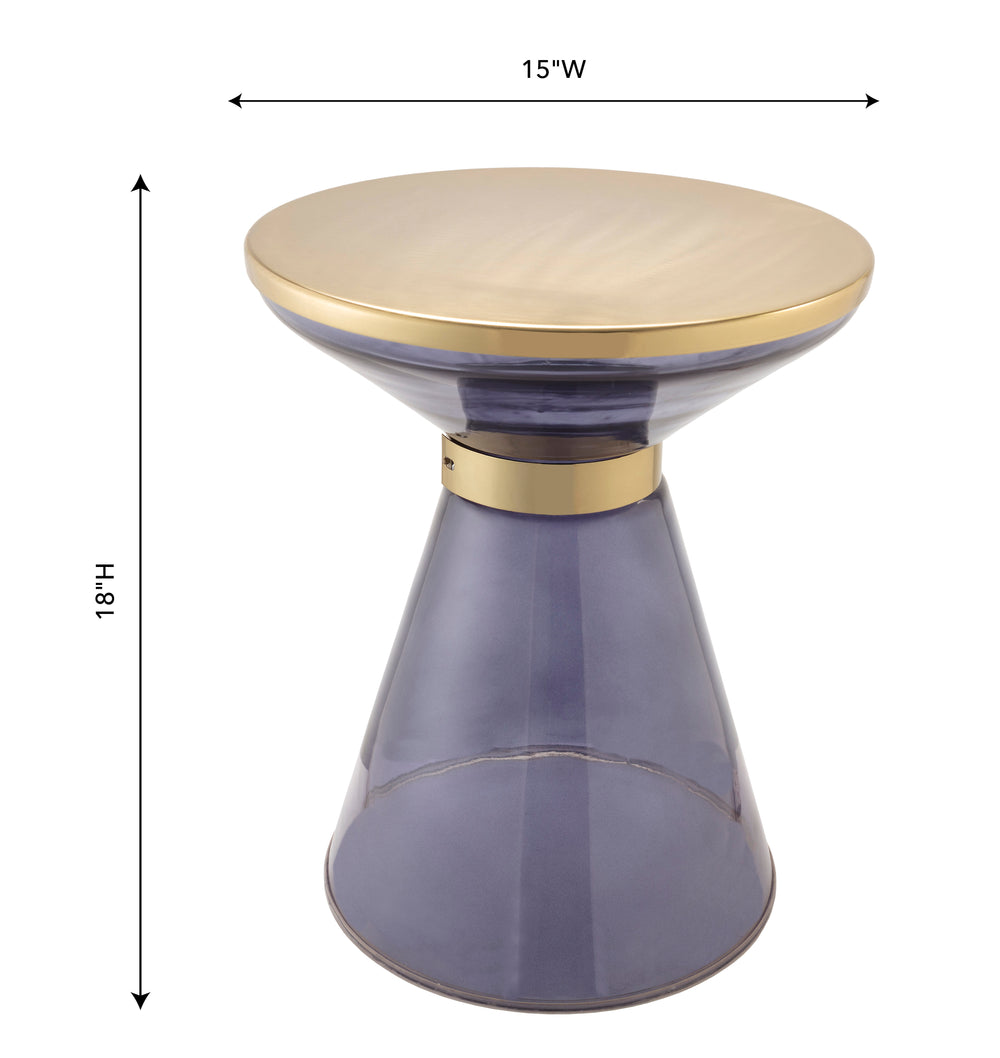 Coral Side Table with Gold Top & Transparent Blue Glass Base - Modern Glam Hourglass Accent Table dimensions