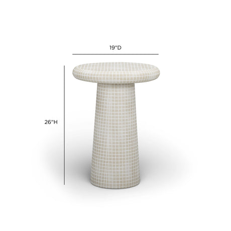 Solid structural base and textured mosaic tile finish of the Monica side table