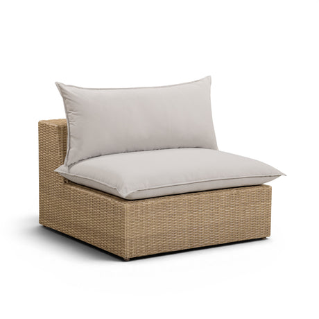 Detailed view of the cream water-resistant performance fabric on the Cali chair cushion