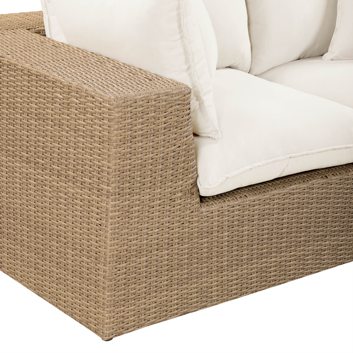 Cali outdoor loveseat paired with coordinating modular outdoor patio furniture