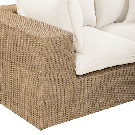 Cali outdoor loveseat paired with coordinating modular outdoor patio furniture