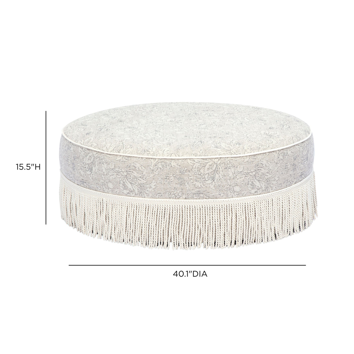 Overhead angled view of Tassy Tasseled Round Ottoman showing firm cushioned seat