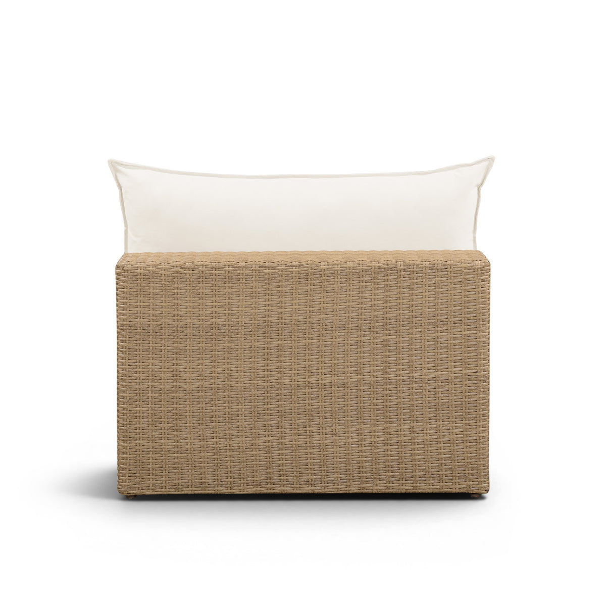 Three-quarter angle of the brown wicker Cali outdoor modular chair with cream cushioning