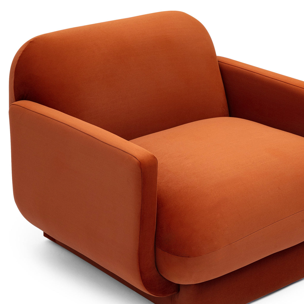 Underside base and structural support detail of Azalea velvet armchair