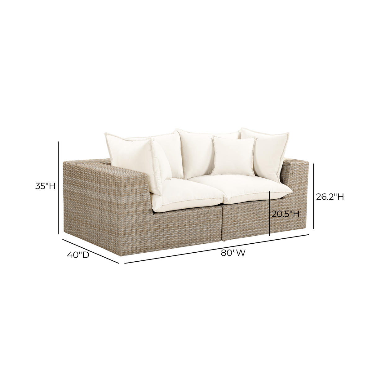Rear view of Cali outdoor loveseat displaying full synthetic wicker weave back panel