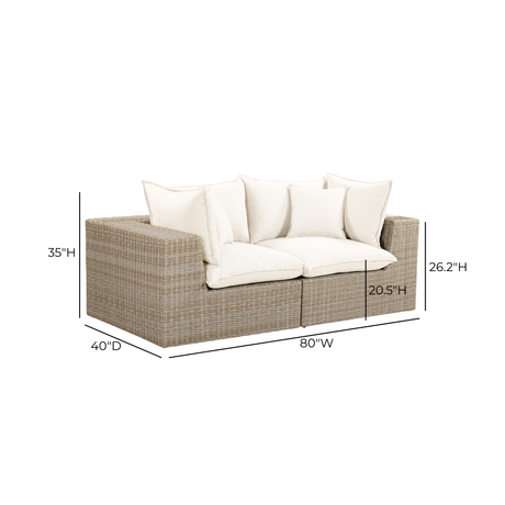 Rear view of Cali outdoor loveseat displaying full synthetic wicker weave back panel