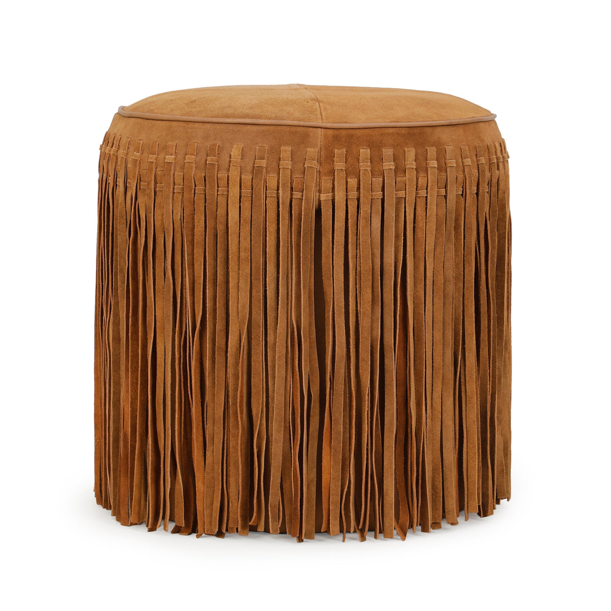 Daphne Round Suede Fringe Accent Ottoman in Cognac front view