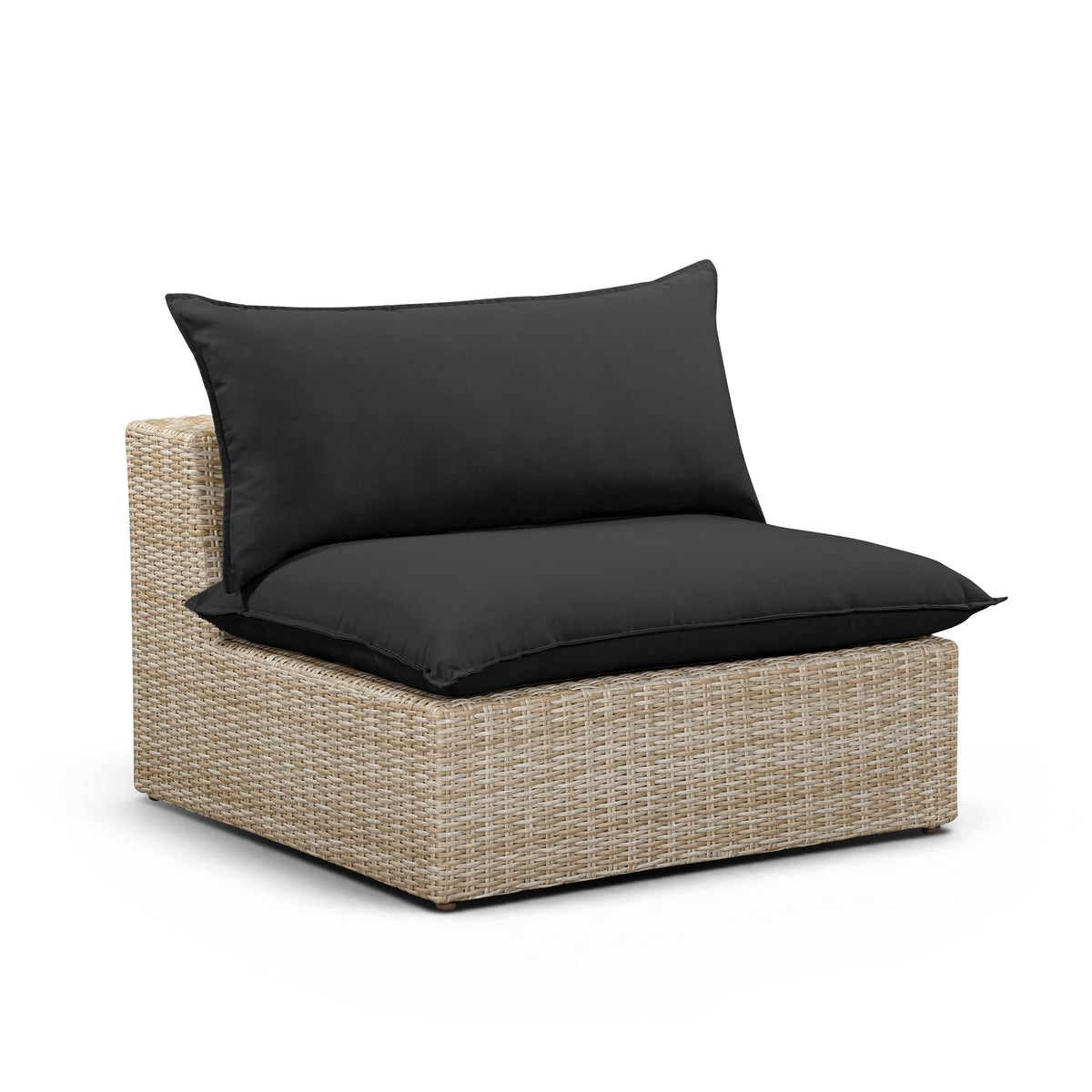 Detailed texture of natural all-weather resin wicker weave on the Cali armless chair base