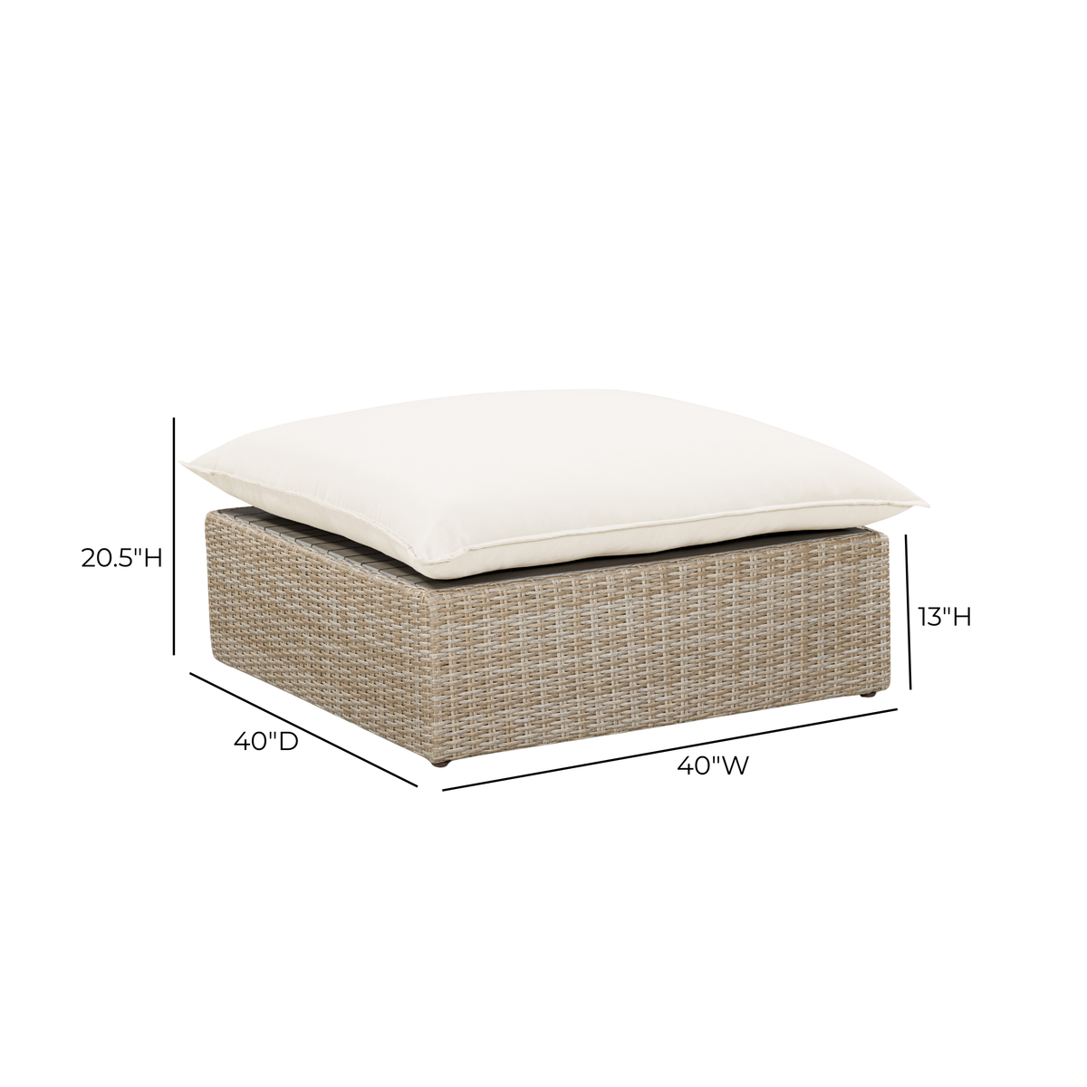 Lifestyle staging of Cali Performance Fabric & Wicker Outdoor Ottoman on outdoor patio