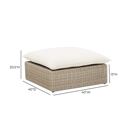 Lifestyle staging of Cali Performance Fabric & Wicker Outdoor Ottoman on outdoor patio