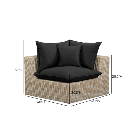Perspective view of cream cushion seating on brown wicker Cali outdoor corner chair