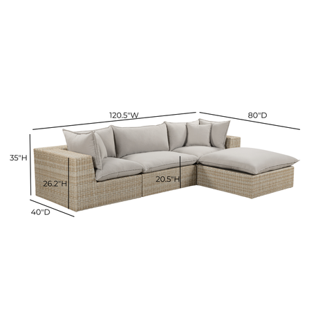 Cali 4-Piece Performance Fabric and Wicker Outdoor Sectional side elevation Grey and Brown wicker