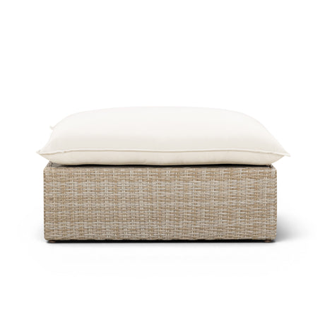 Detail of neutral woven synthetic wicker texture on Cali Ottoman