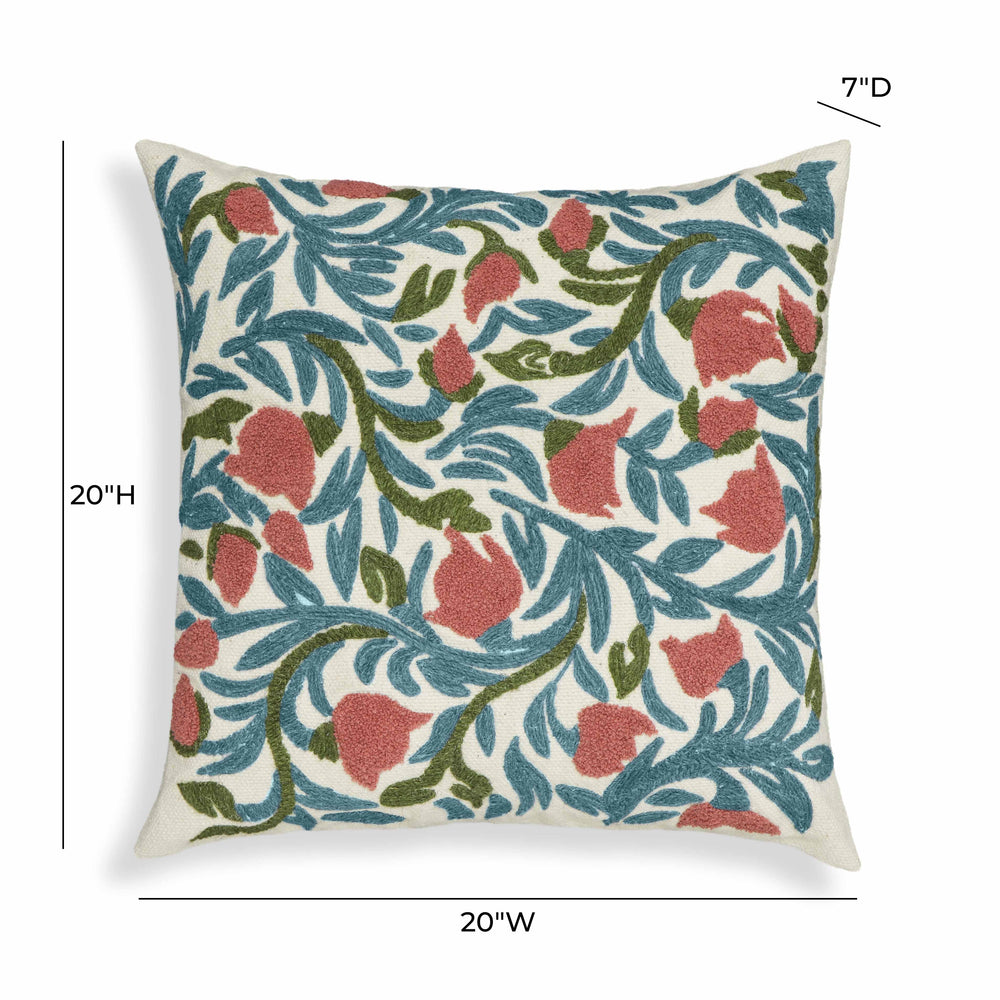 Tulip 20" Embroidered Floral Wool Square Accent Cushion Cover dimensions