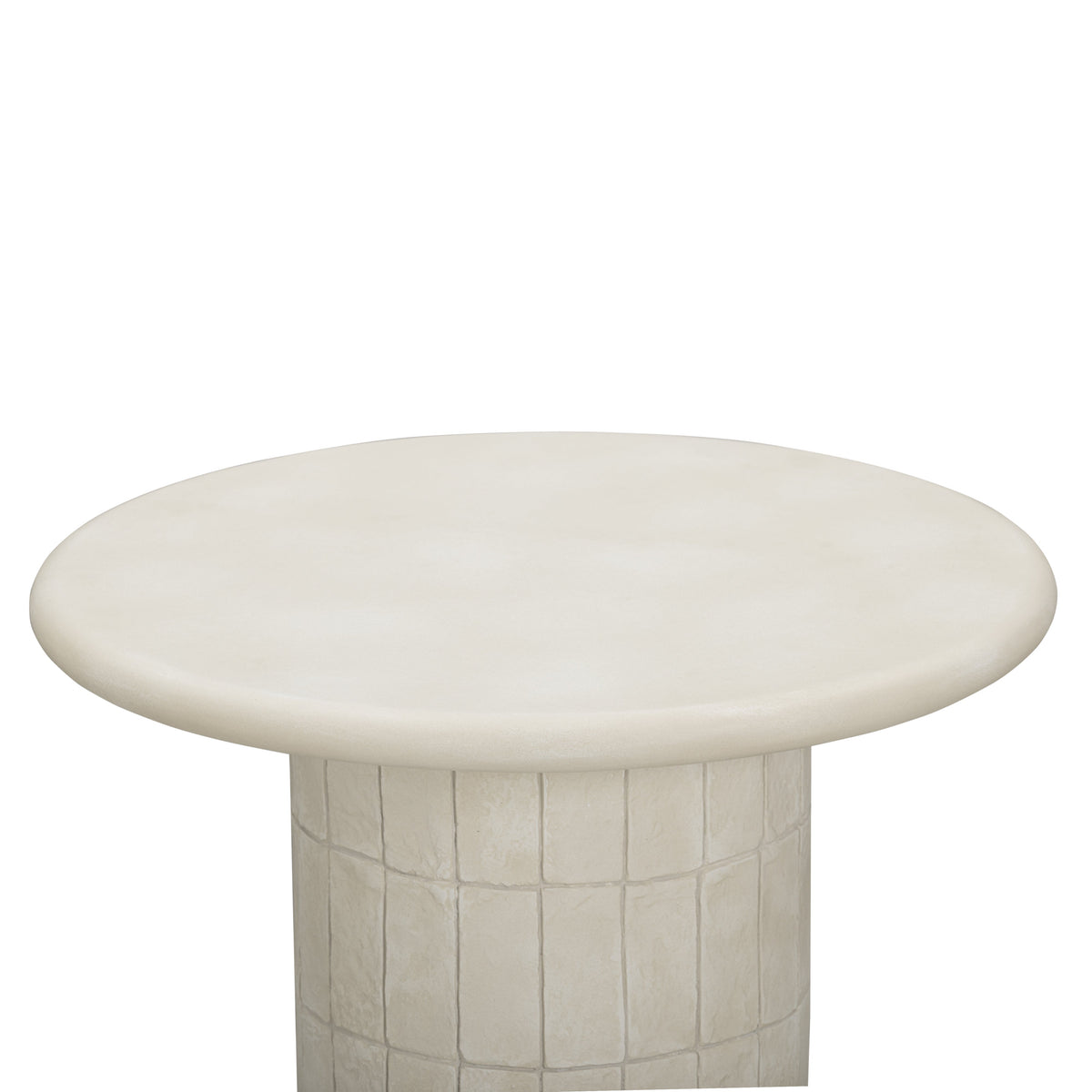 Close-up detail of geometric beige ceramic tile cylindrical base