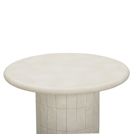 Close-up detail of geometric beige ceramic tile cylindrical base