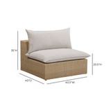 Side perspective of the brown wicker and grey fabric Cali armless outdoor seating piece