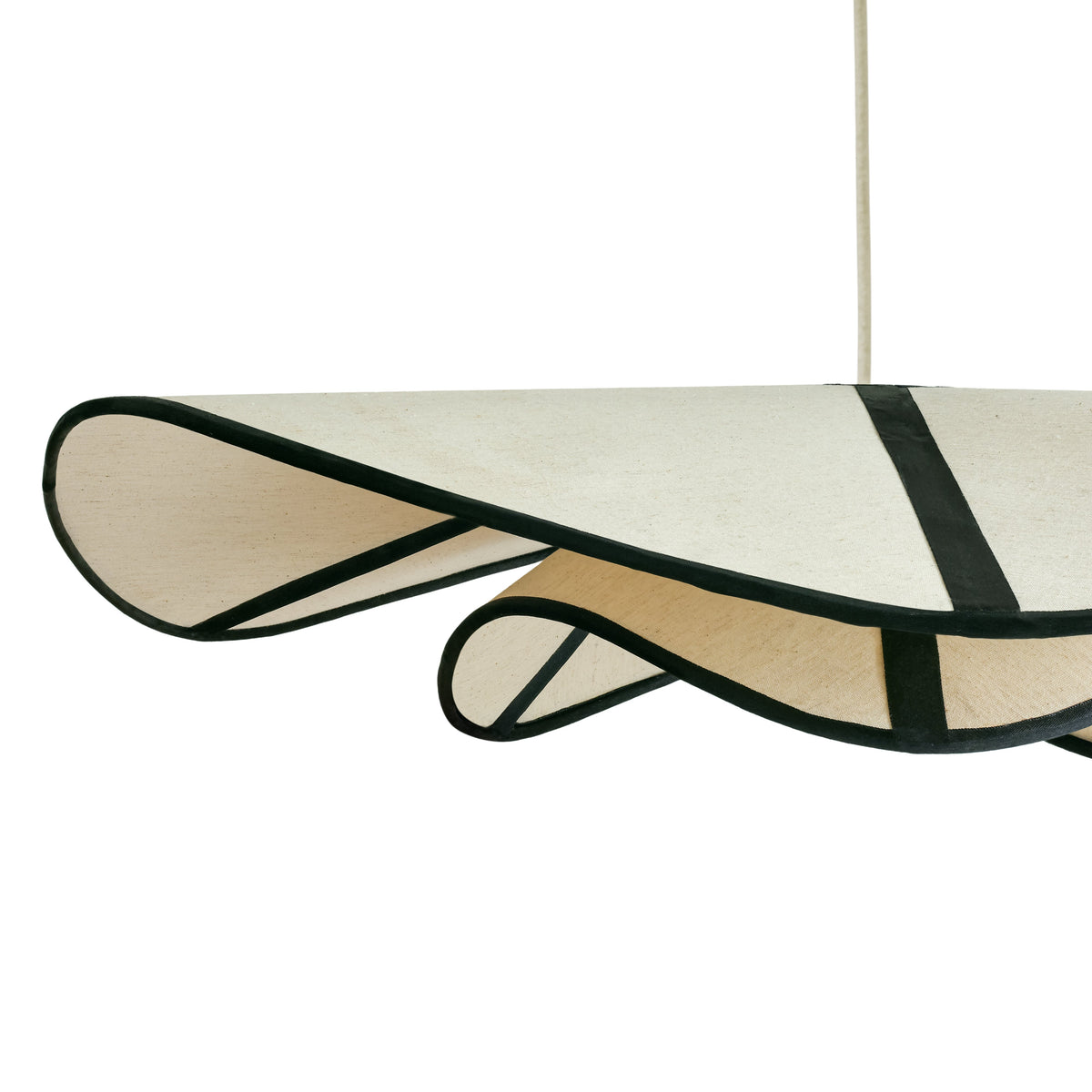 Close-up detail of contrast edge piping along the Chapeau Du Matin pendant lamp shade