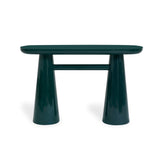 Forest green Baila console table angled view showing pedestals