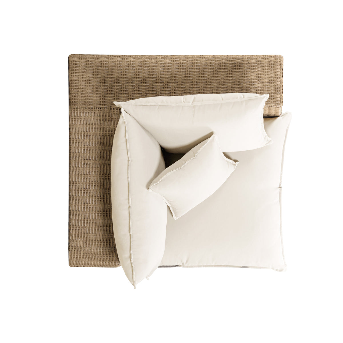 Angled perspective of grey cushion seat on brown synthetic wicker corner chair