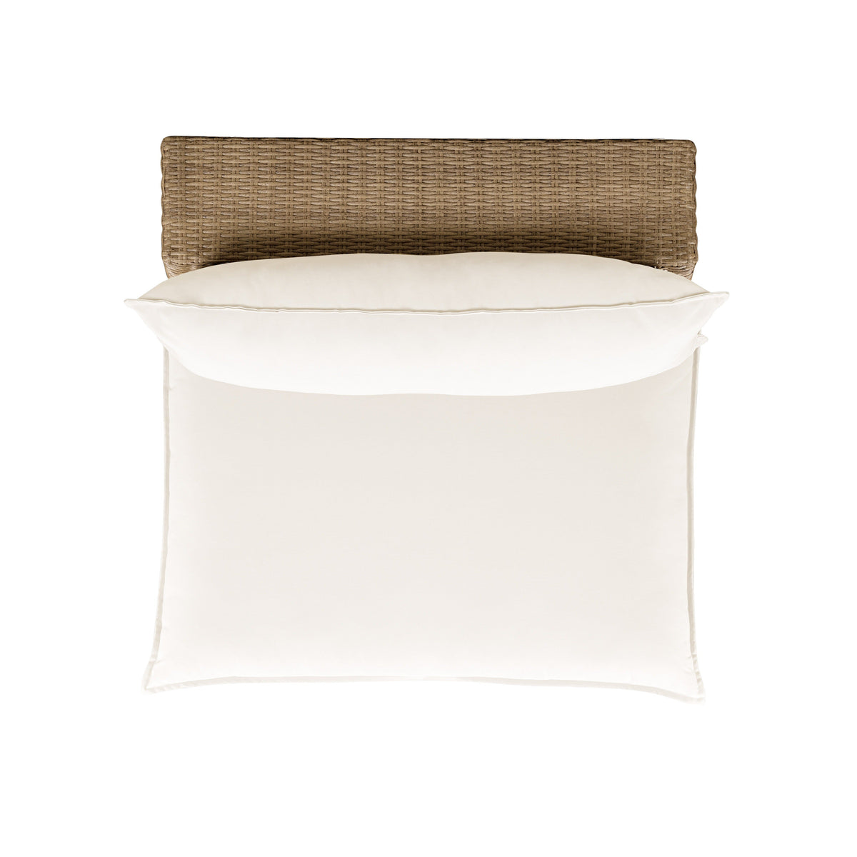 Side profile of the Cali cream cushion outdoor armless chair on a rich brown wicker base