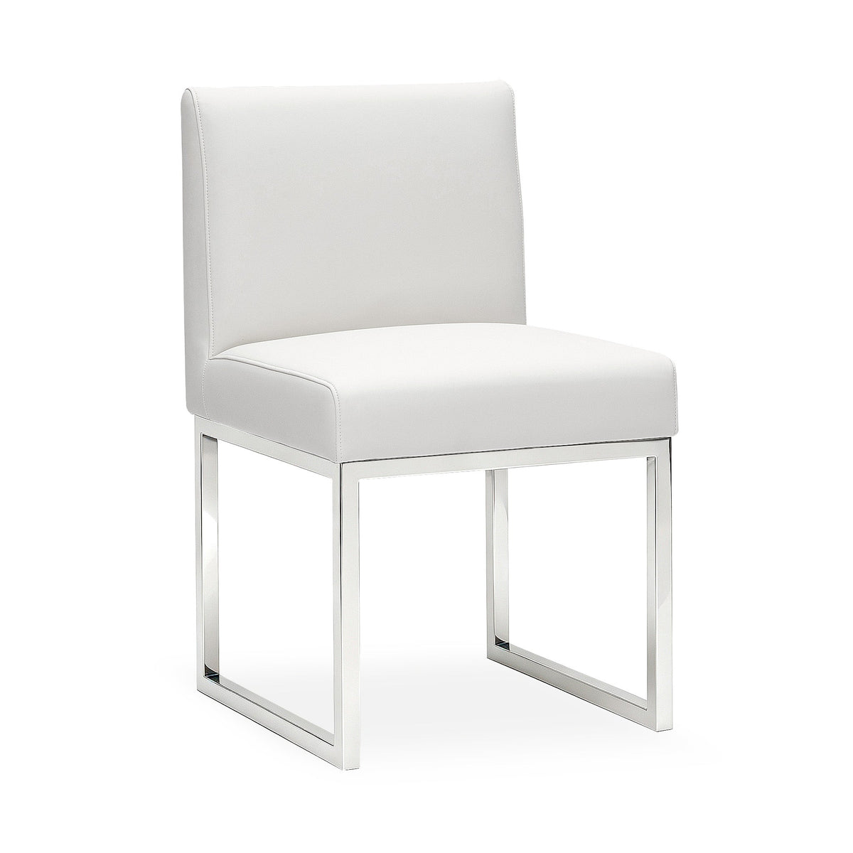 Pensel Dining Chair in Off-White upholstery with bright silver frame in contemporary dining room