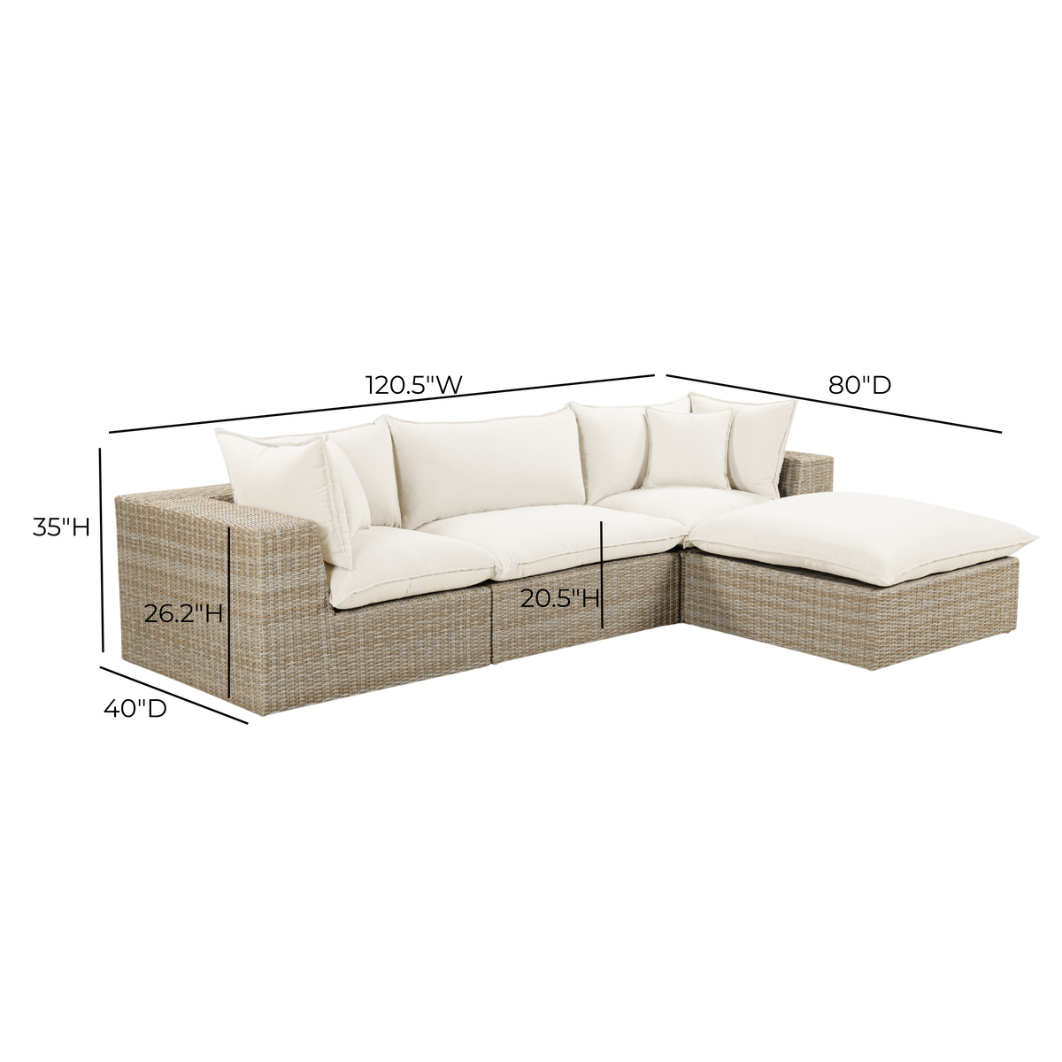 Cali 4-Piece Performance Fabric and Wicker Outdoor Sectional in Black fabric and Natural wicker