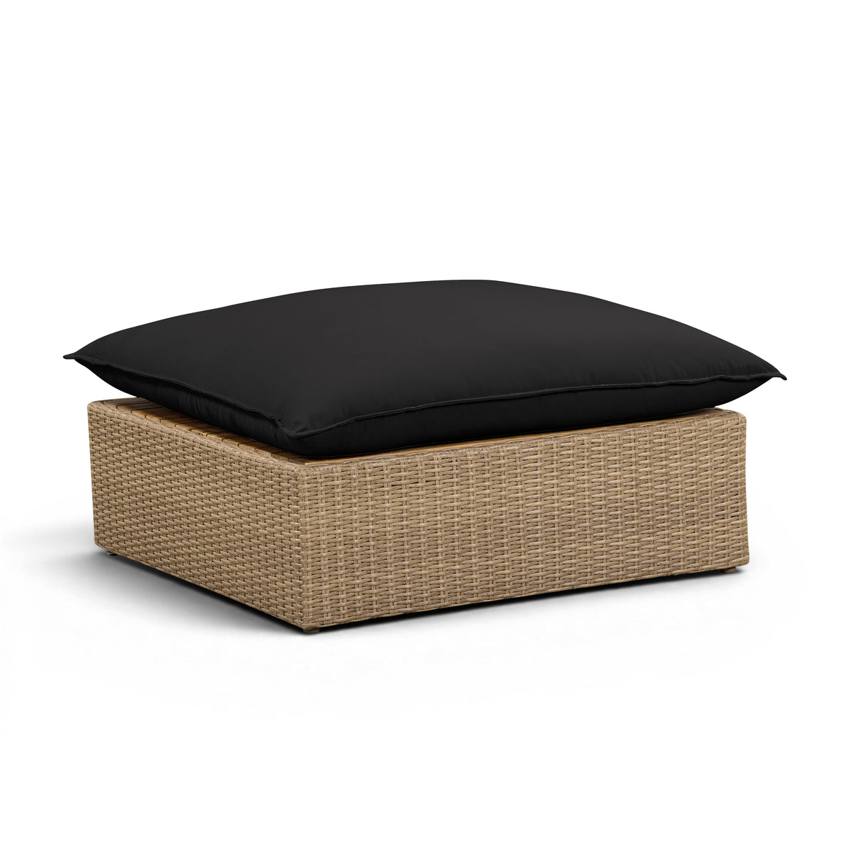 Front view of Cali Black Fabric and Brown Wicker Outdoor Ottoman