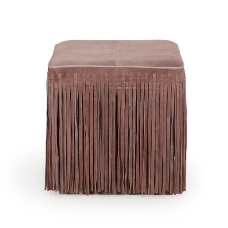Close up view of the fringe detailing on the Daphne suede ottoman