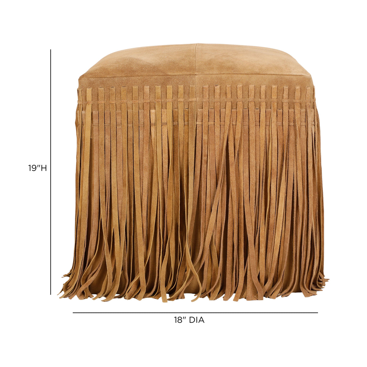 FOAK Daphne square suede fringe ottoman showing durable build and artisan fringe